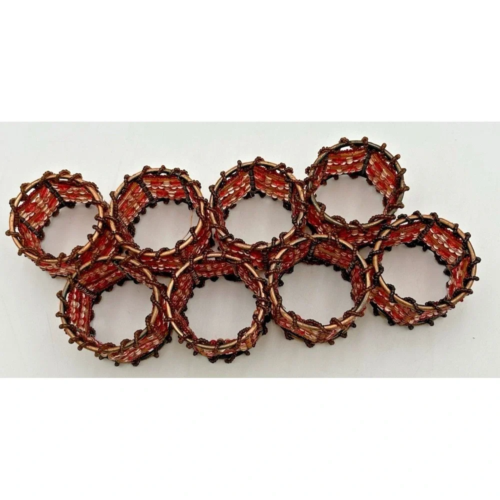 Pier 1 Set of 8 Moroccan Beaded Napkin Rings Red, Orange, and Amber Colored Bead